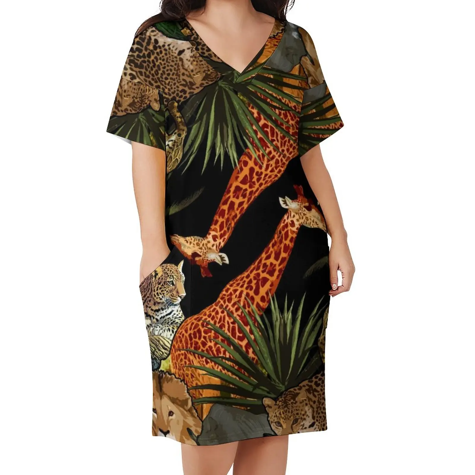 Giraffe And Leopard Dress V Neck African Wildlife Aesthetic Dresses Holiday Sexy Casual Dress Female Pattern Plus Size Clothes