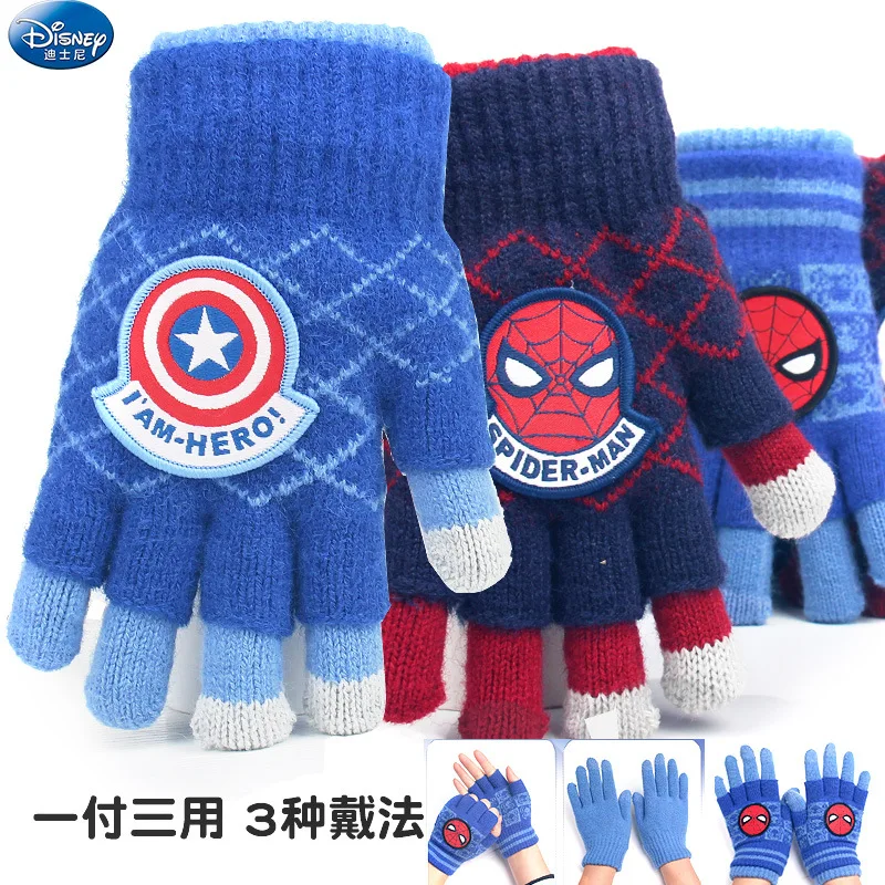 Купи Disney Marvel Spiderman Captain America Children's Gloves Cartoon Winter Warm Thick Half Finger Full Finger Plush Knitted Gloves за 278 рублей в магазине AliExpress