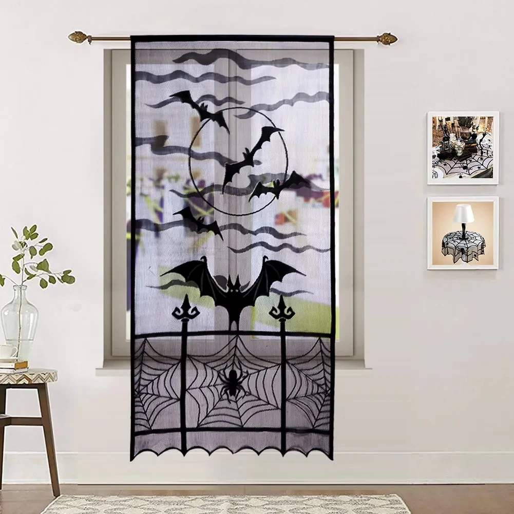 

New Halloween Bat Spider Curtains for Black Doorway Decoration Sheer Lace Window Drapes Party Festival Supplies Home Decorations