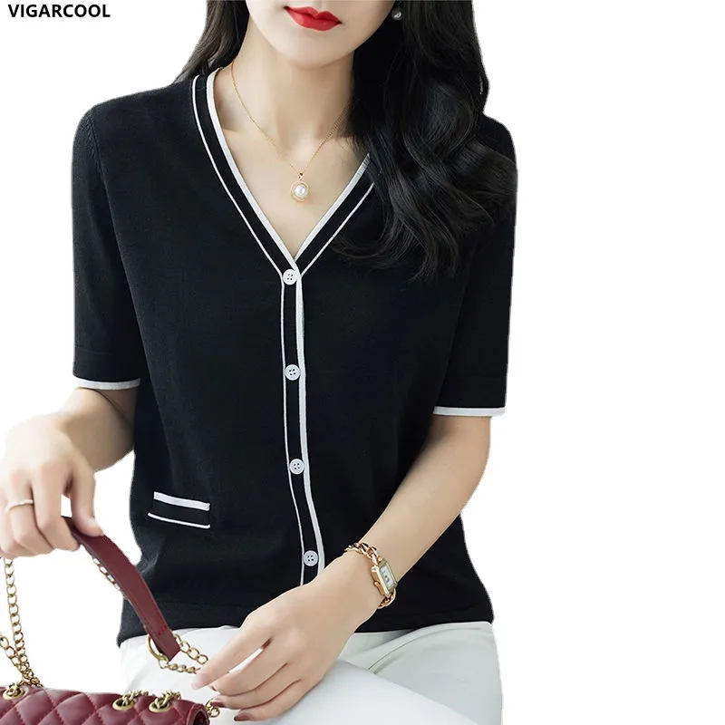 

Thin knitted Cardigan Women Loose and thin v-neck Top Summer Women's 2022 New style outside with ice silk short-sleeved Cardigan