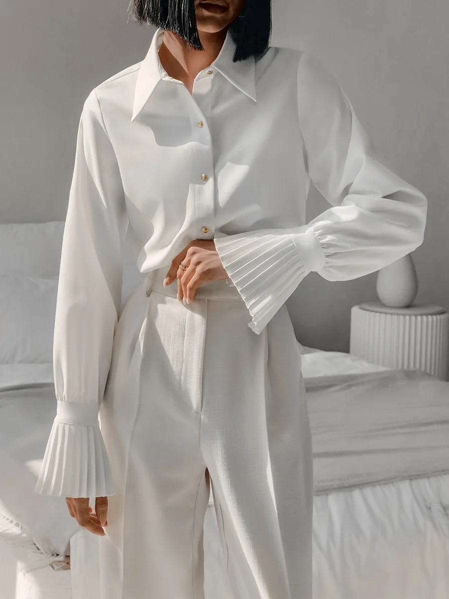Женская приталенная рубашка с отложным воротником элегантная белая блузка