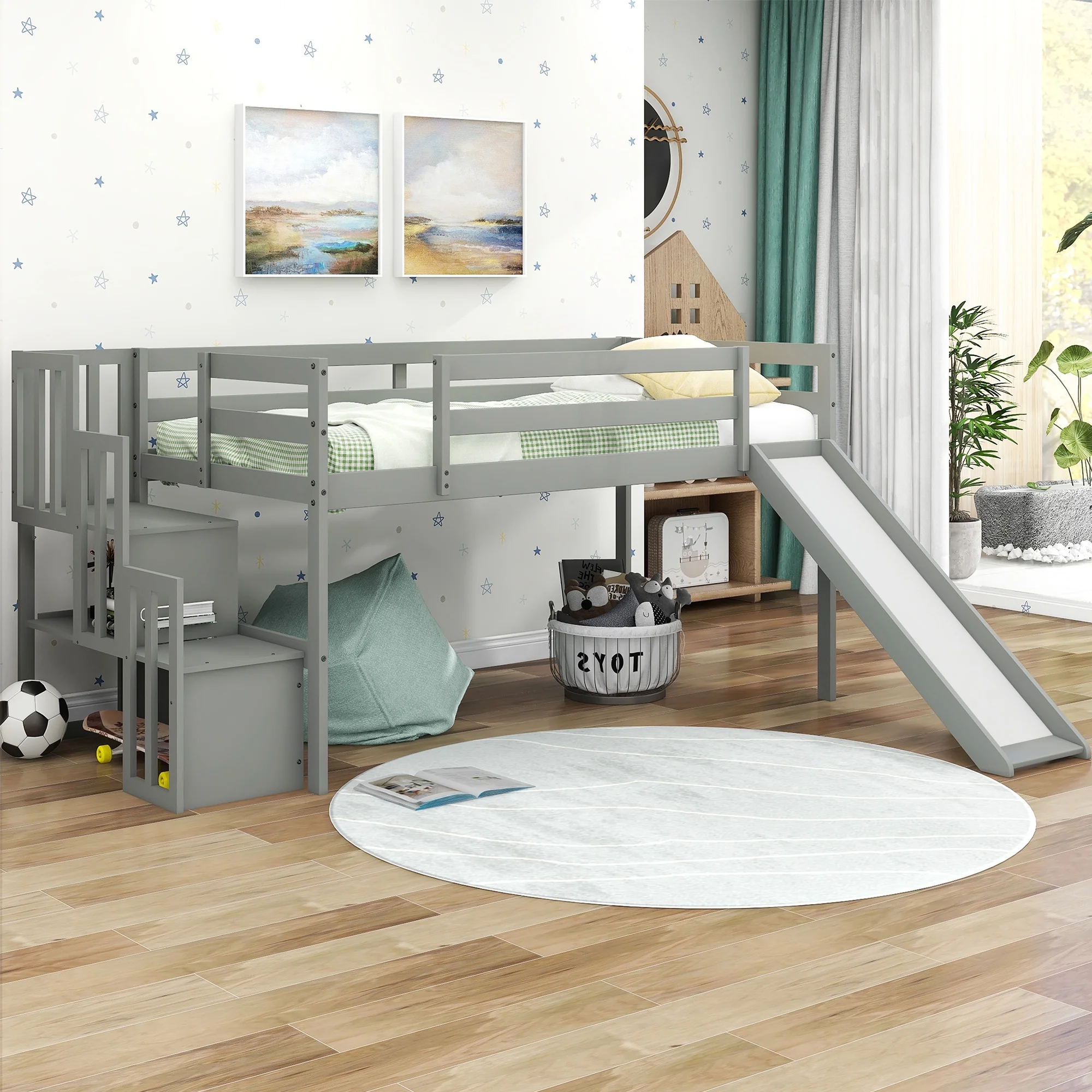

Loft Bed with Staircase,Storage,Slide,Twin size,Full-length Safety Guardrails,No Box Spring Needed,Grey
