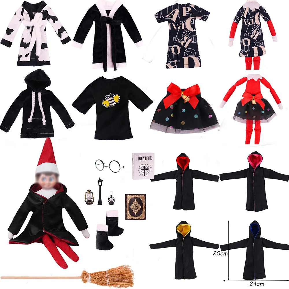 Kawaii Elf On The Shelf Christmas Accessories Doll Clothes Halloween Black Coat Scarf Glasses Broom Children Birthday Gift