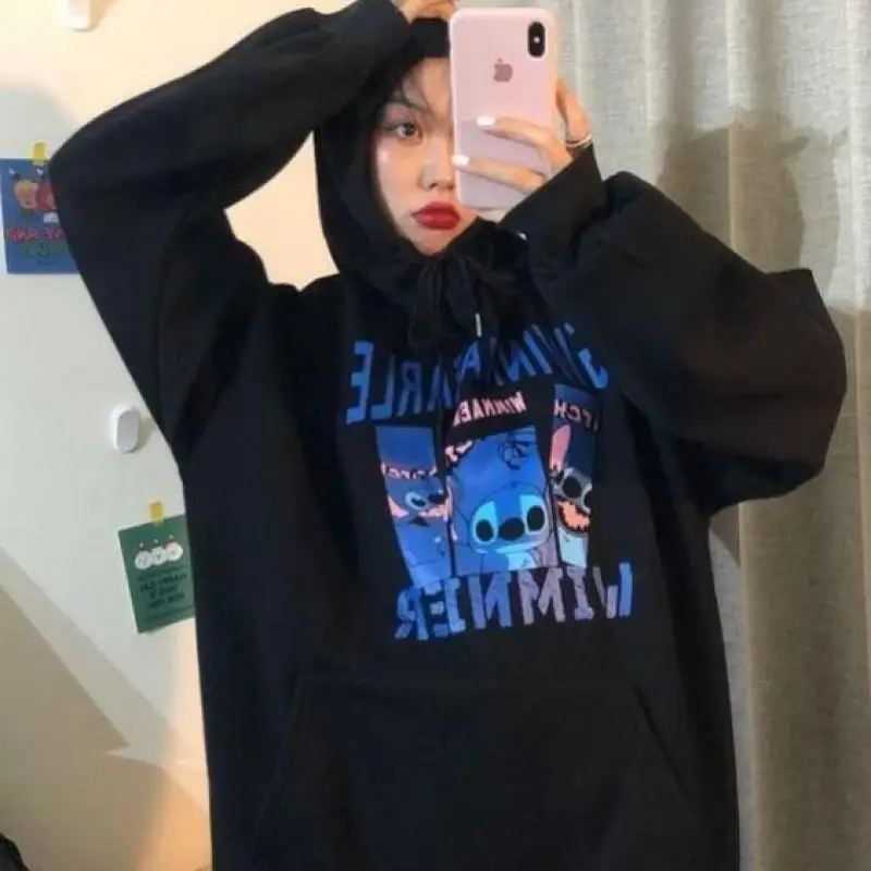 

Anime Stitch Kawaii Cartoon Plus Velvet Large Size Women's Hooded Sweater Zippers Are Versatile Coat Pullover Sports Jacket New