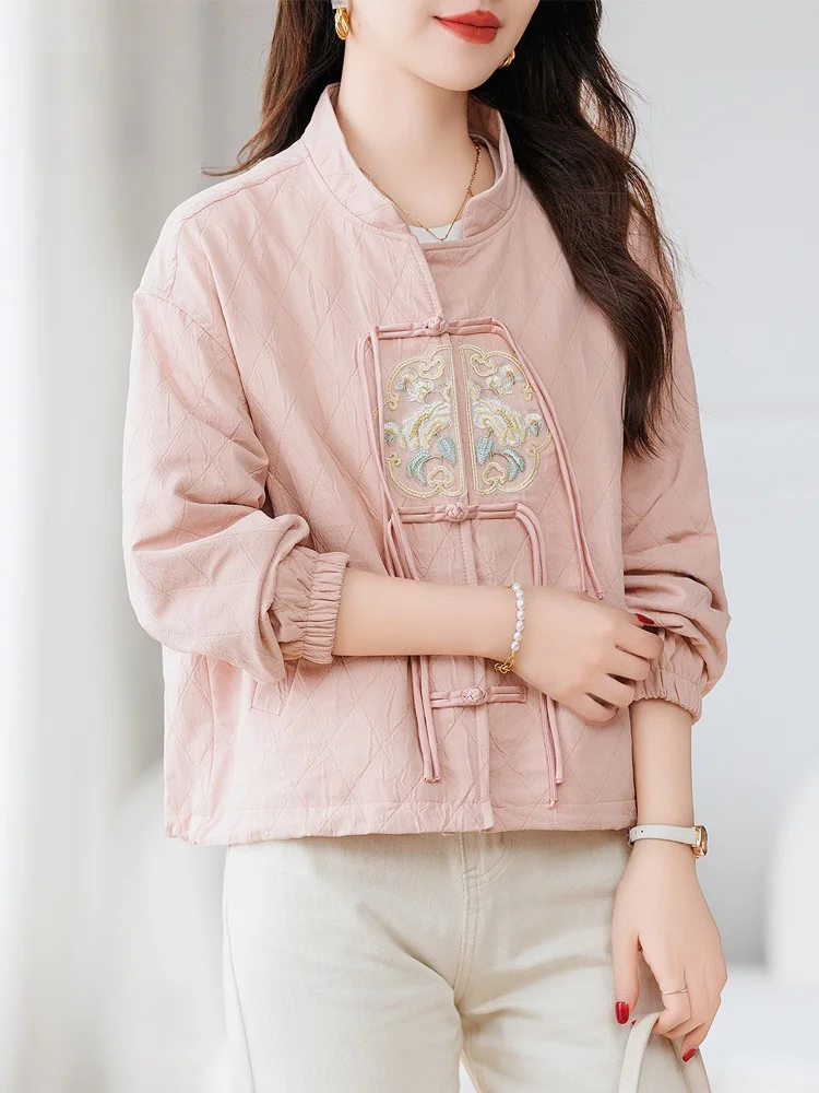 National Sle Buckle Tassel Short coat Women 2024 Spring and Autumn New Middle-Aged Mom Stand Collar Chinese Embroidery Top