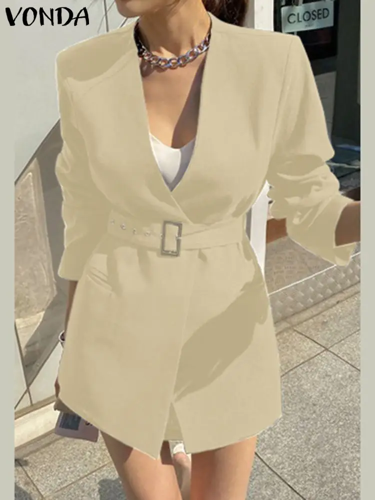 Женский блейзер с поясом VONDA элегантный повседневный однотонный длинным рукавом