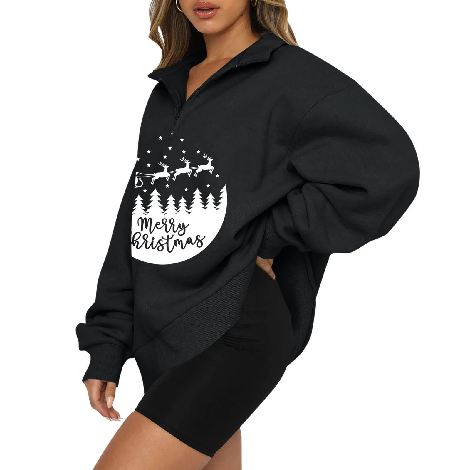 

Womens Casual Christmas Print Oversized Half Zip Pullover Long Sleeve Ladies Sweatshirts Tunic Style Juniors Clothing Teen Girls