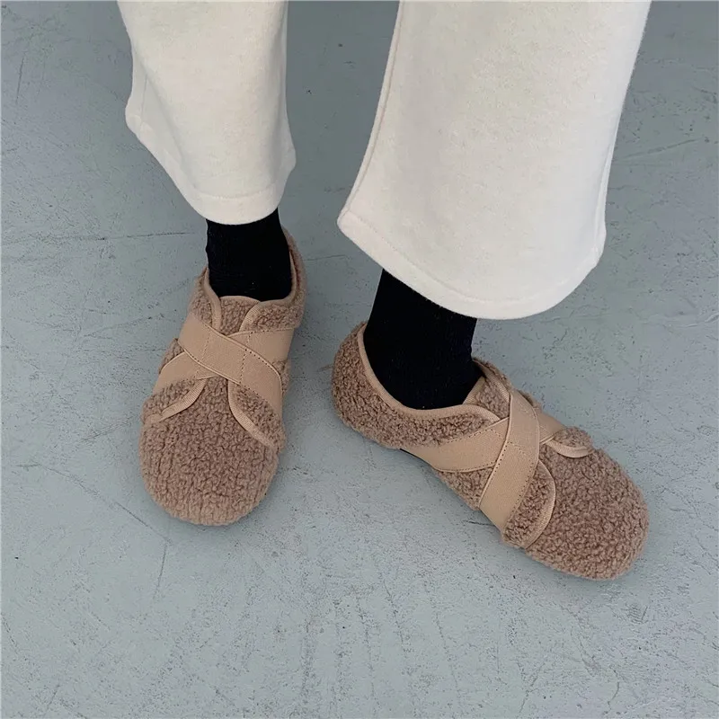 Woman Woolen Flats Winter Plush Cotton Loafers Femmes Warm Moccasins Fleeces Elastic Cross Band Fur Shoes