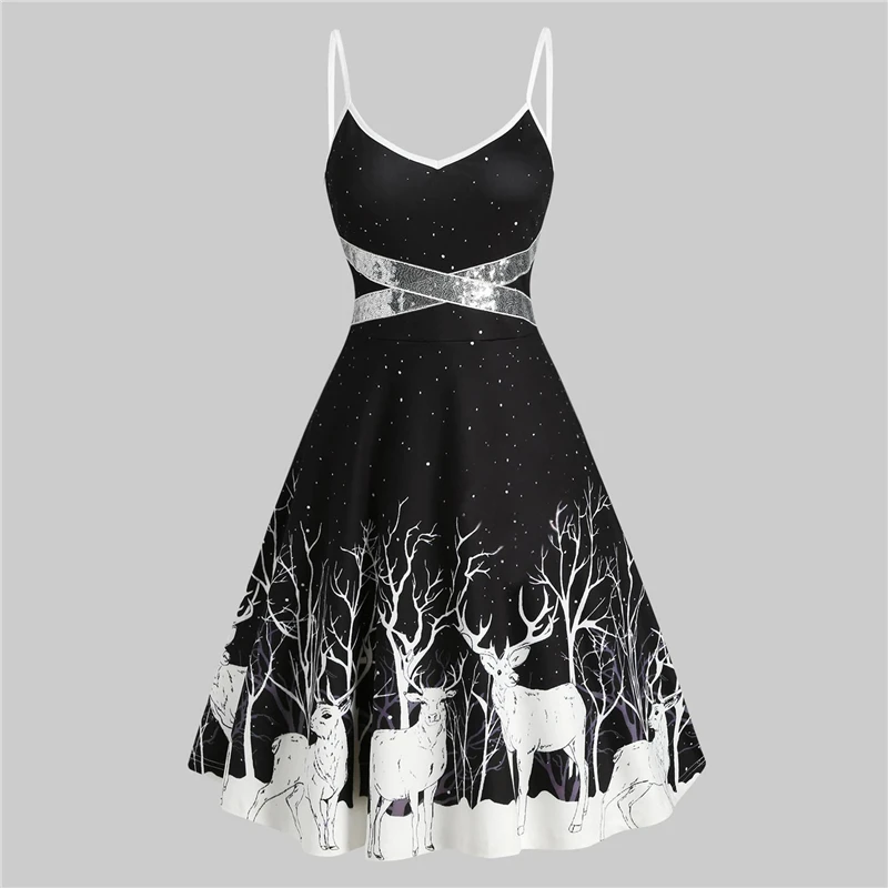 

Women Christmas Print Dresses Winter Party Sequin Patchwork Sleeveless Dress Deer Skater Club Night Dresses 2023