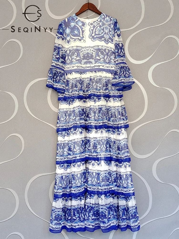 

SEQINYY Chiffon Long Dress Summer Spring New Fashion Design Women Runway Vintage Blue Flowers Print Sicily Cascading Ruffles