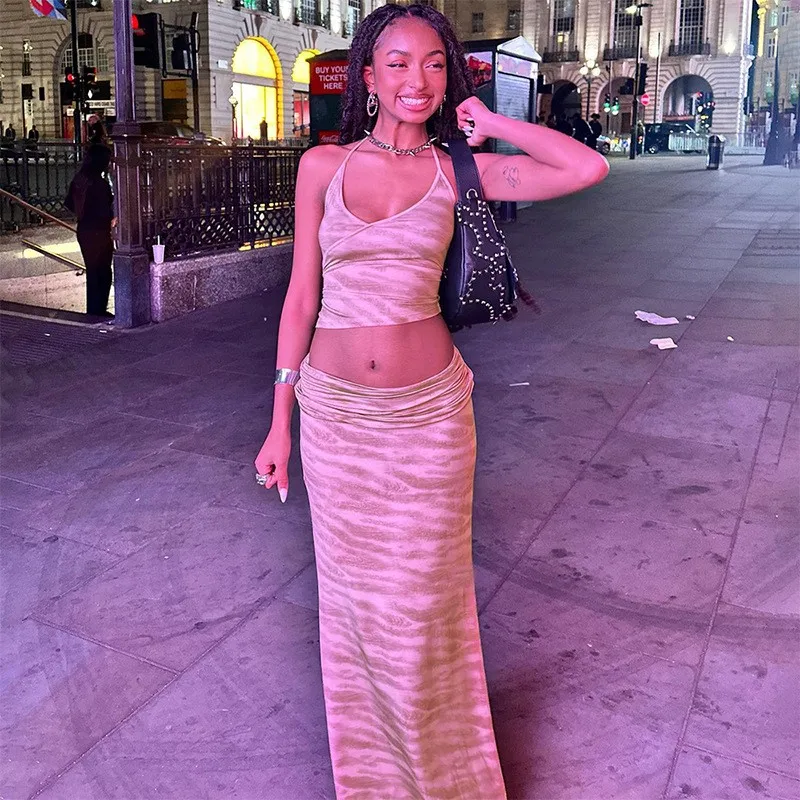 

Beach Cover Up Swimwear Women Korean Style Beachwear Wear New Summer Sleeveless Neck Bust Skirt Suit Print Spandex Saida De