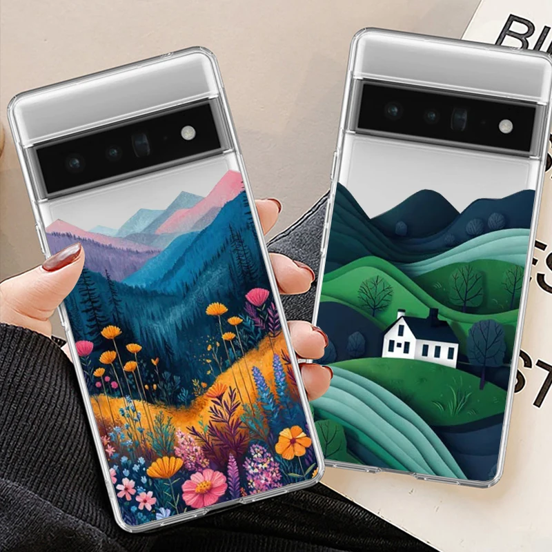 Mountain Forest Village Phone Case For Google Pixel 9 Pro XL 7A 8 6A 5G Landscape Hand Painted Clear Soft TPU Cover Fundas