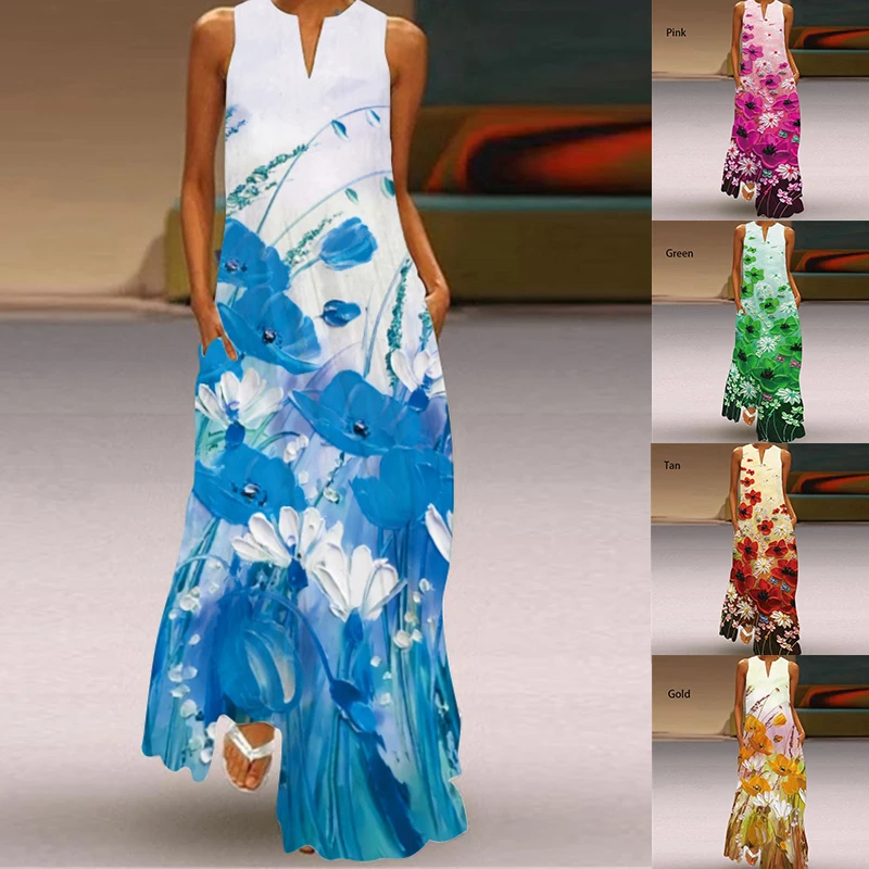 

2022 New Women Casual Sleeveless Loose Slim Sundress Floral Print Long Dress Fashion V-neck Dress Ladies Daily Leisure Robe