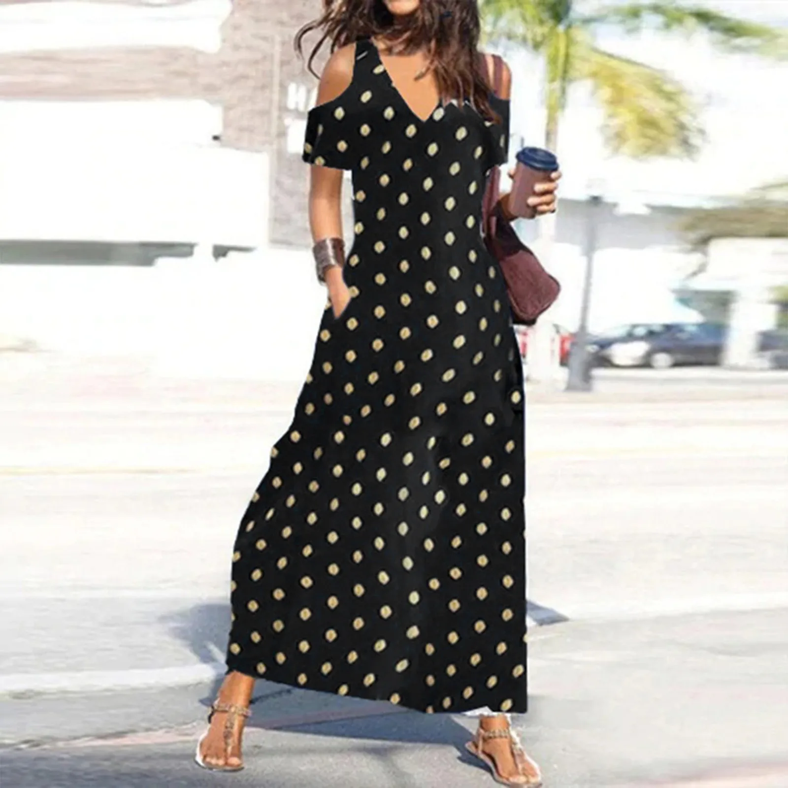 

Fashion Off The Shoulder Long Dress Women Temperament Polka Dot Print Dress Casual Short Sleeve Loose Pocket Dress Streetwear