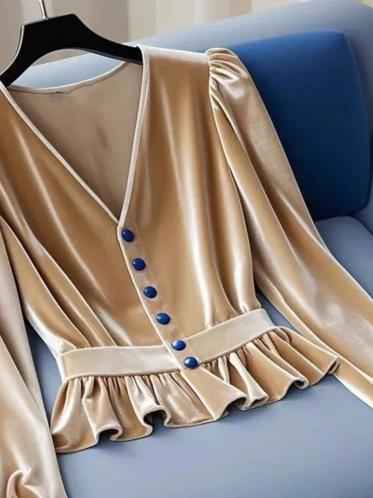 Тонкая короткая куртка с высокой талией бархатные рубашки оборками по краям