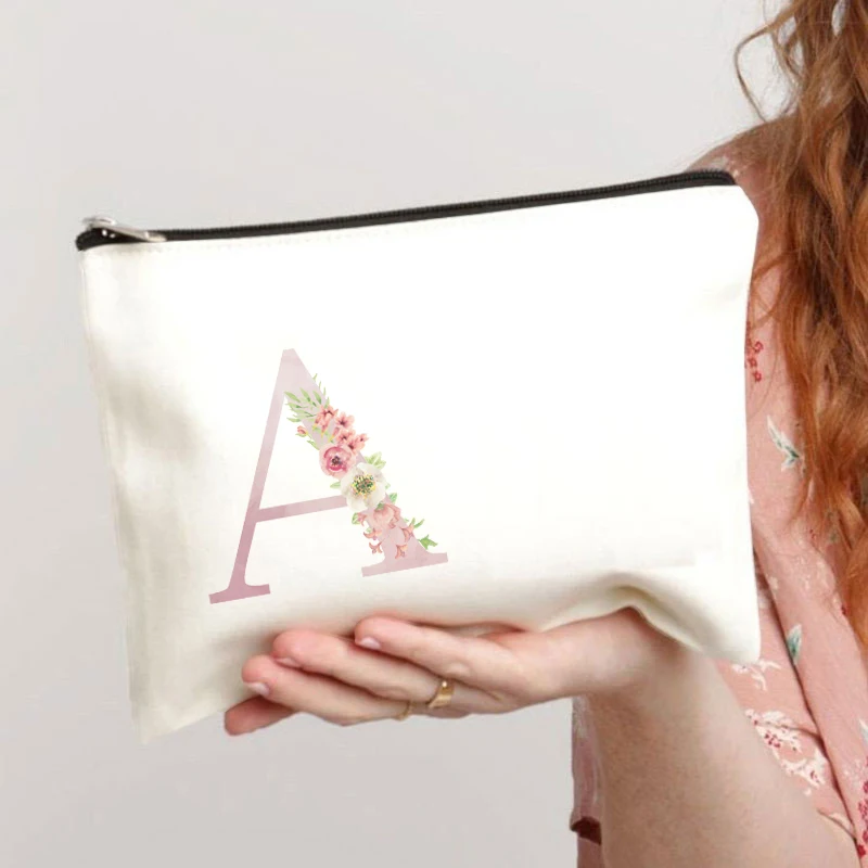 Personalized Name Women Cosmetic Makeup Bag   Bachelorette Party Gift Travel Wedding Gifts Alphabet Flowers Canvas Cases Handbag