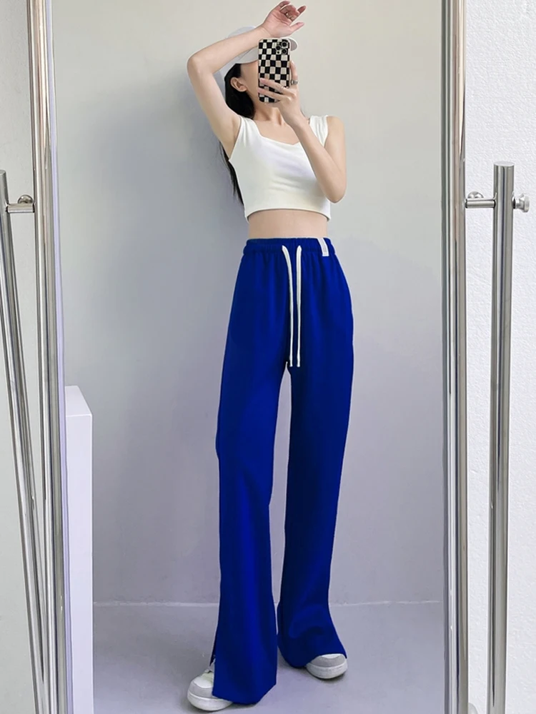 Pantalones de chándal de cintura alta para mujer, pantalón de pierna ancha con abertura lateral suelta coreana, novedad de primavera y otoño, 2022