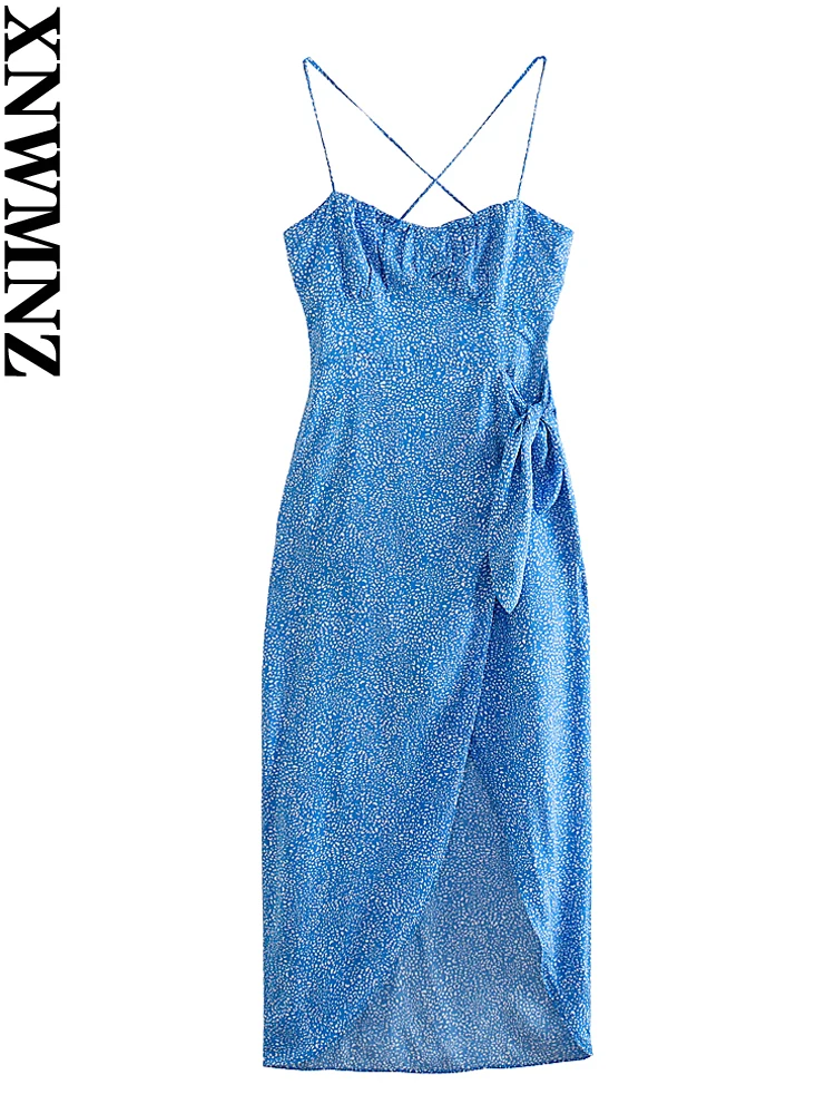 

XNWMNZ женское модное платье с принтом в стиле ретро с тонкими лямками сзади и узлом спереди, женские миди-платья с разрезом