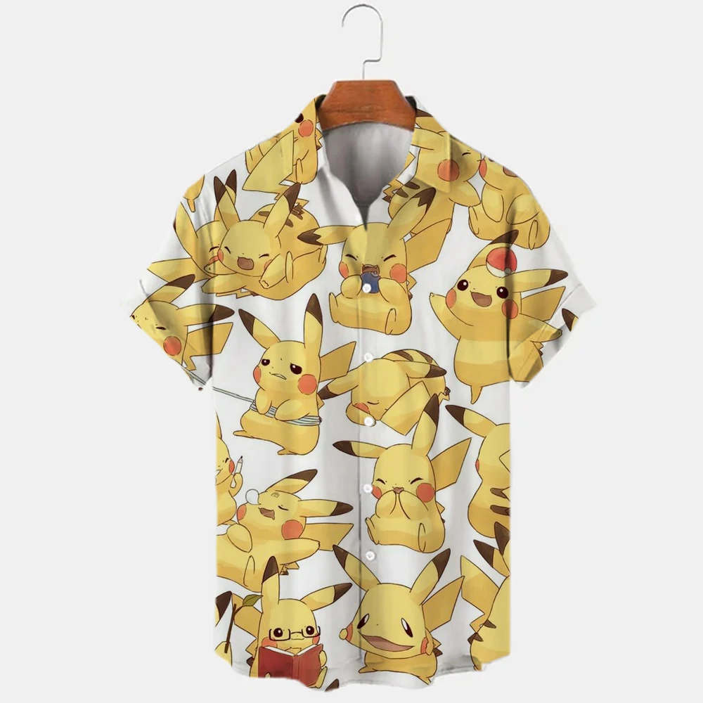 2022 Hawaiian Shirt Pikachu Print Abstract Pattern Short Sleeve Loose Oversized Shirt Men and Women Summer Beach Casual Shirts