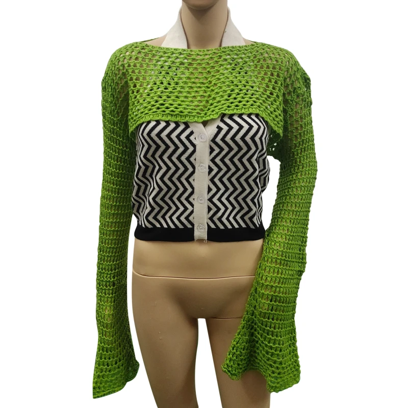 

Y2k Hollow Out Crop Top Long Sleeve Flared Cover-ups Knitwear 2000s Women Vintage Fairy Grunge Clothes Streetwear