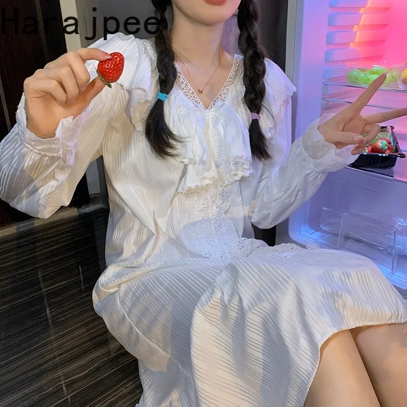 

Harajpee French Style Princess Nightdress Sweet Lace Patchwork Long Sleeve Ins Gentle Soft Homewear Spring New Nightgown 2022