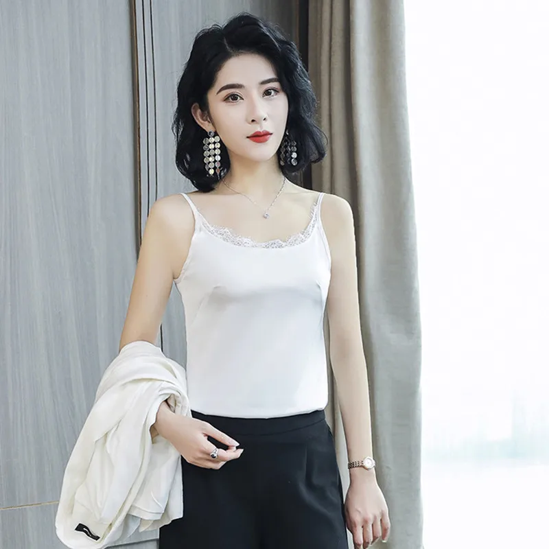 

Майка женская атласная с открытой спиной, корейский стиль, майка с бретельками-спагетти, кружевная майка, черный топ на лето