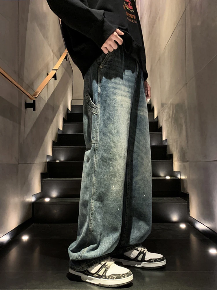 Men's Trendy Pure Colored Jeans American Washing Make Old Retro Loose Wide Pine Pure Color Casual Pants Street Men's Clothing