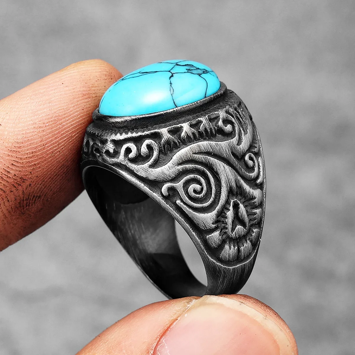 Винтажные черные бирюзовые резные мужские кольца из нержавеющей стали в стиле