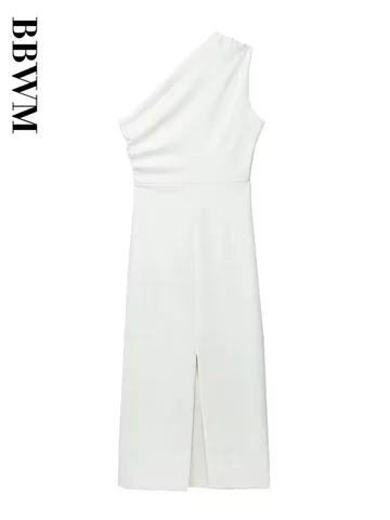White Ruched Dress Women Asymmetric Midi Dress Woman Sexy Off Shoulder Evening Dresses 2023 Summer Vintage Sleeveless Dresses