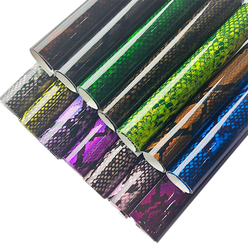 

Colorful Holographic Snakeskin Mirrored Leather Smooth Synthetic Leather Roll For Making DIY Hairbow Handbag Phone Case Material