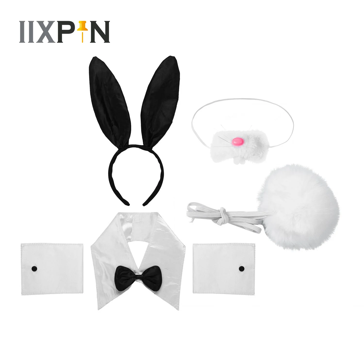 

Women Bunny Accessory Set Rabbit Ear Headband Collar Bow Tie Cuffs Plush Rabbit Tail Nose Sets Halloween Cosplay Party Costume