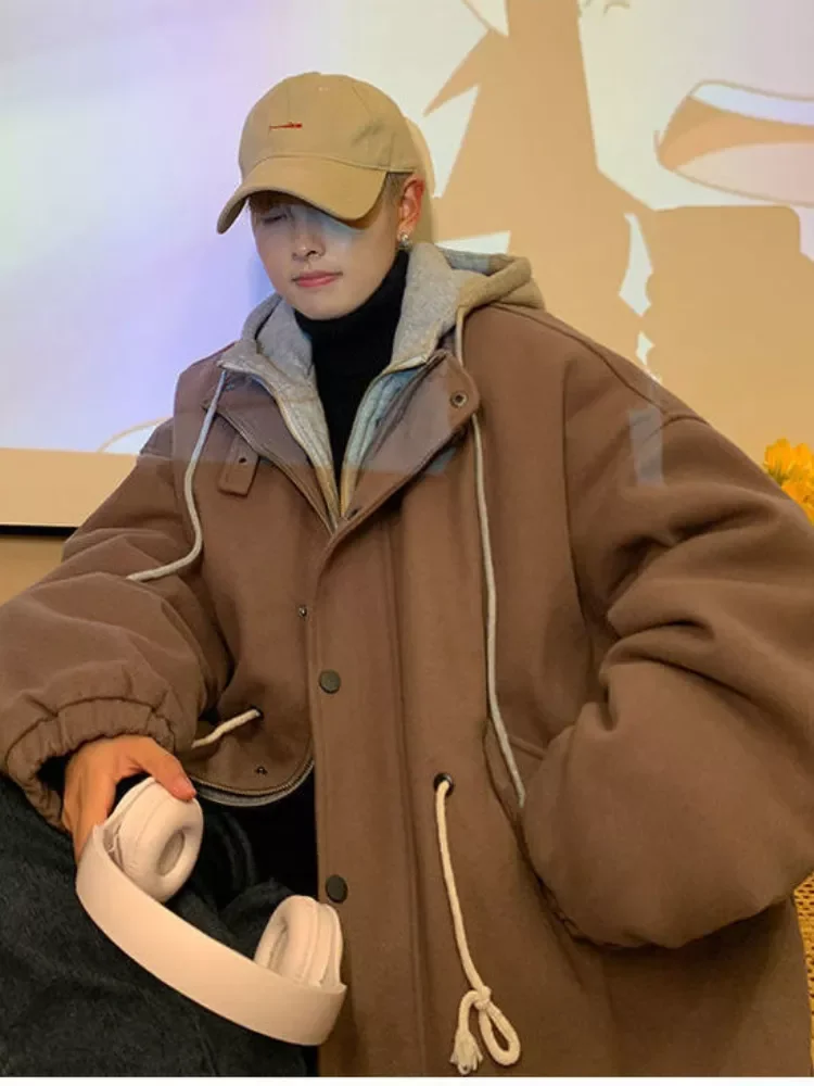 Hooded Coat Couple Mid-length Fake Two-piece Thickened Mens Winter Padded Men's Trendy Hong Kong Style