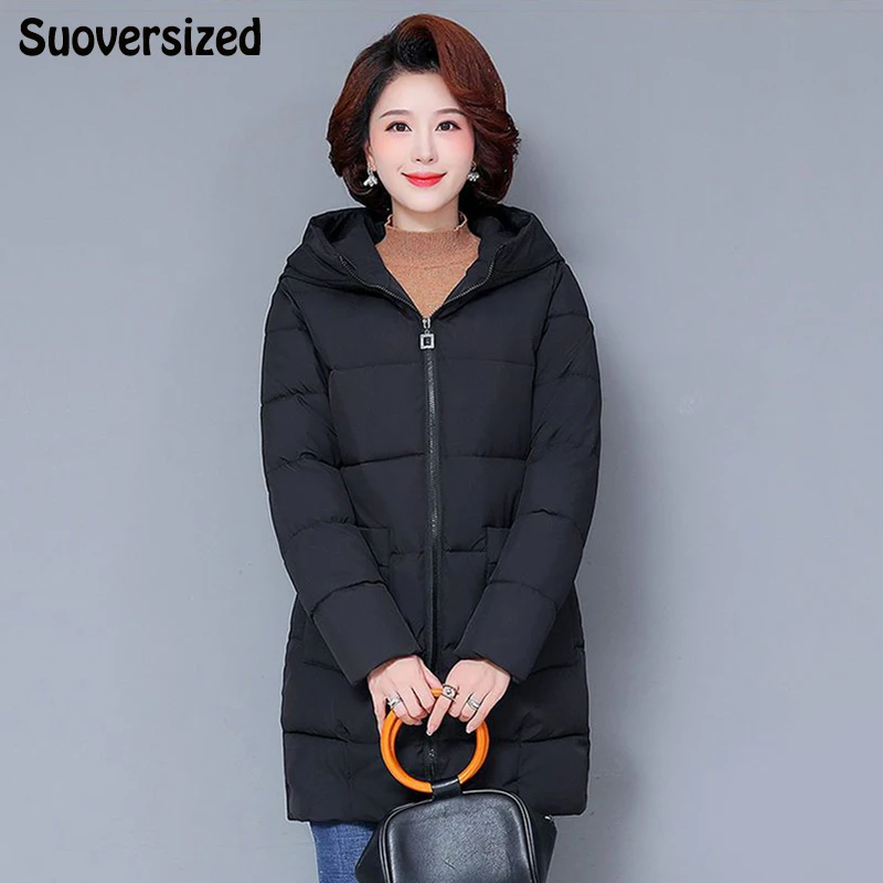

Oversized 5XL Loose Hooded Thicken Mid Length Parkas Elegant Snow Wear Cotton Padded Warm Outwear Korean Long Sleeve Jacket