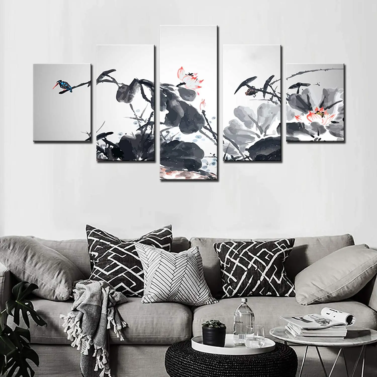 5-панельное семейное чёрно-белое лотосное пейзажное картины китайского стиля холст плакаты декор дома без рамки комната на.