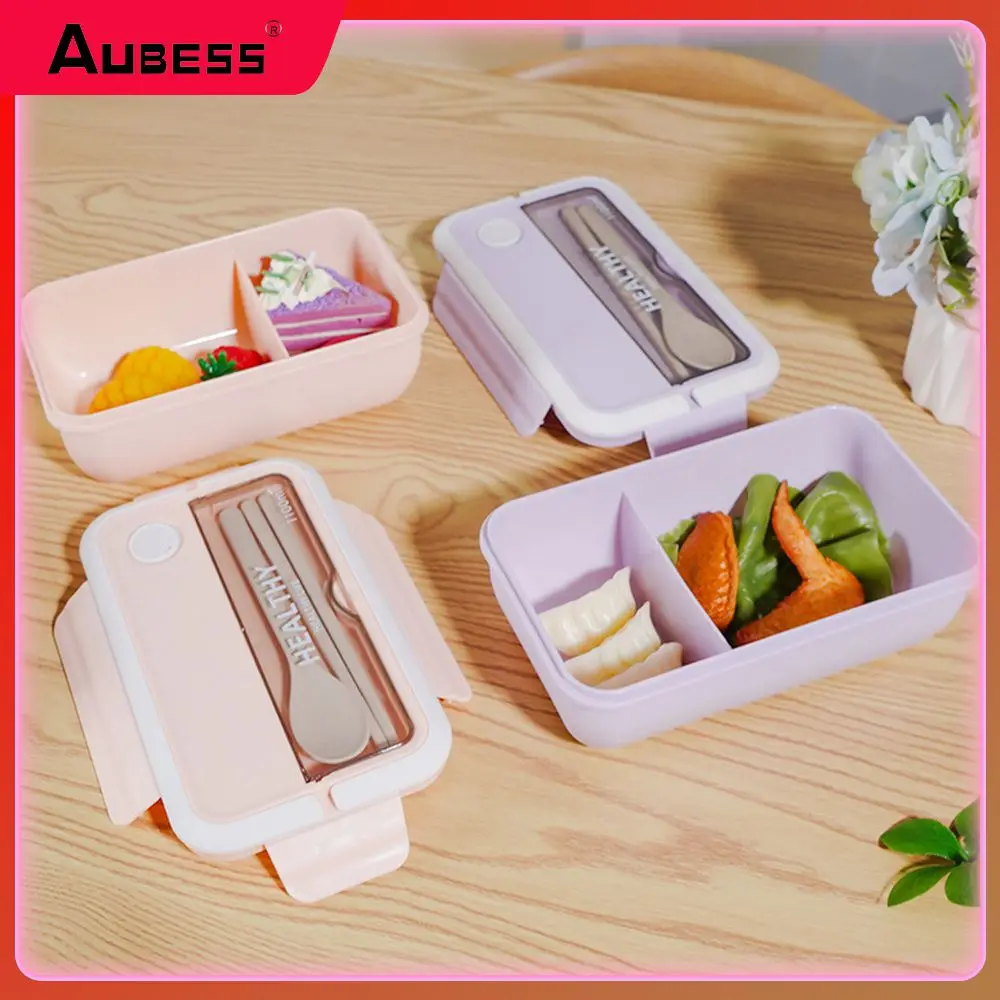 

1pc Plastic Bento Box Portable Hermetic Lunch Box With Spoon Chopsticks Microwave Lunch Box Tableware Supplies Grid Design New