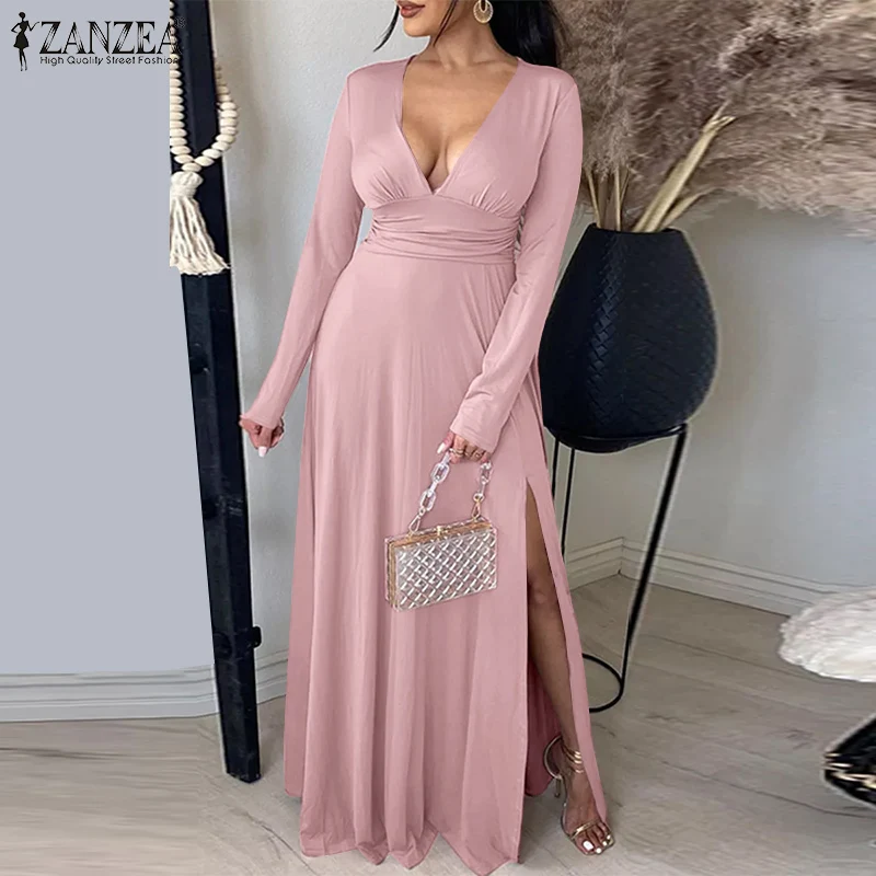 

Fashion Ladies Knitted Party Dresses ZANZEA 2022 Vestido Women Maxi Long Dress Casual Solid A-line Sundress Oversized Robe Femme