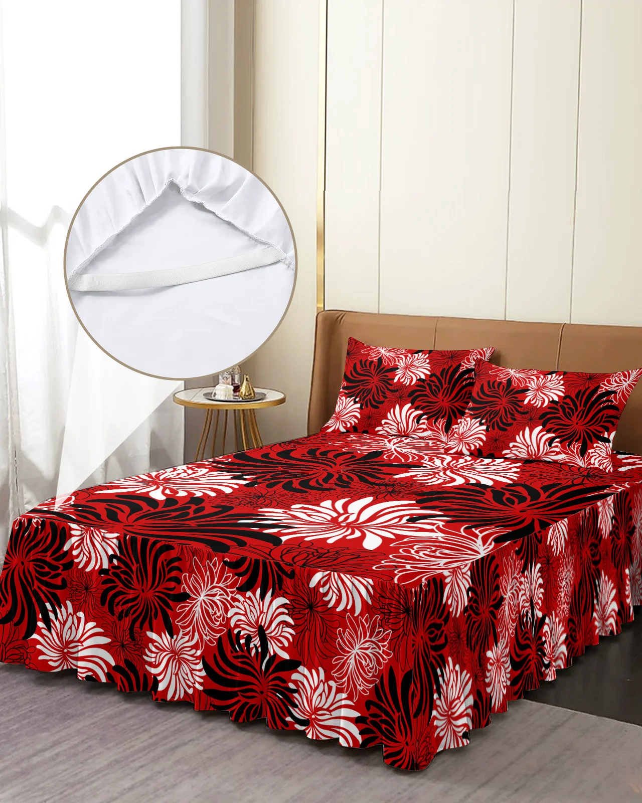 

Красная текстура хризантемы, ретро-юбка для кровати, эластичное постельное белье с наволочками, наматрасник, Комплект постельного белья, простыня