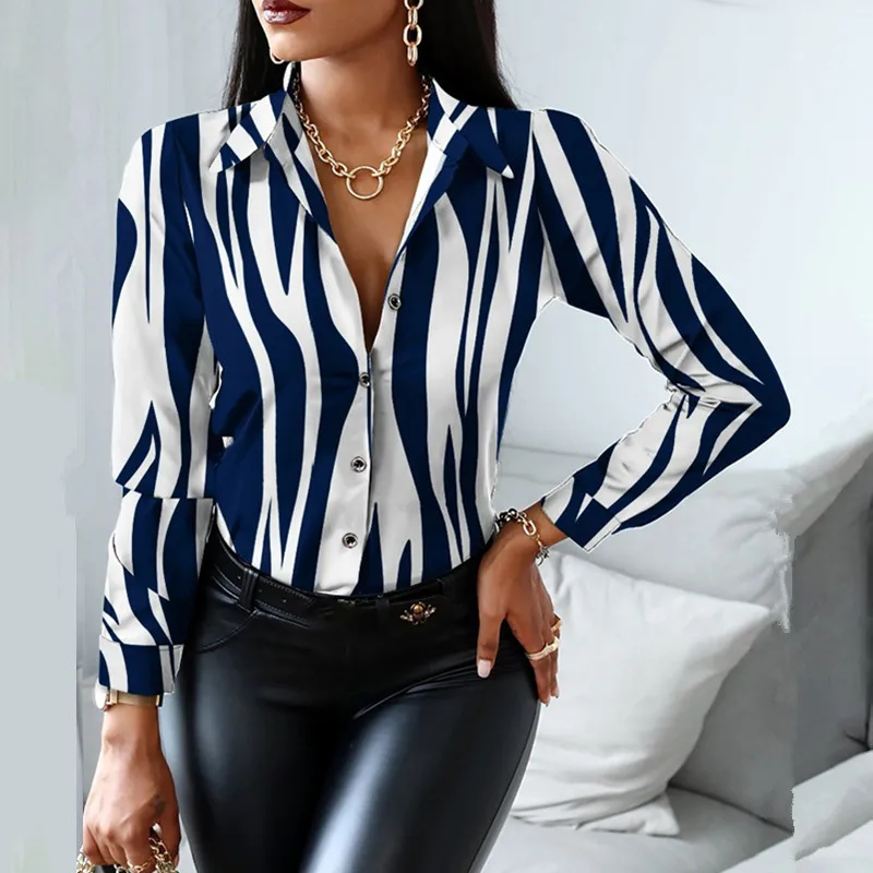 

Fashion Lady Long Sleeve Haut Shirt Blouse Tops Women Striped Shirt Women Turn-down Collar Casual Button Up Shirts Chemise Femme