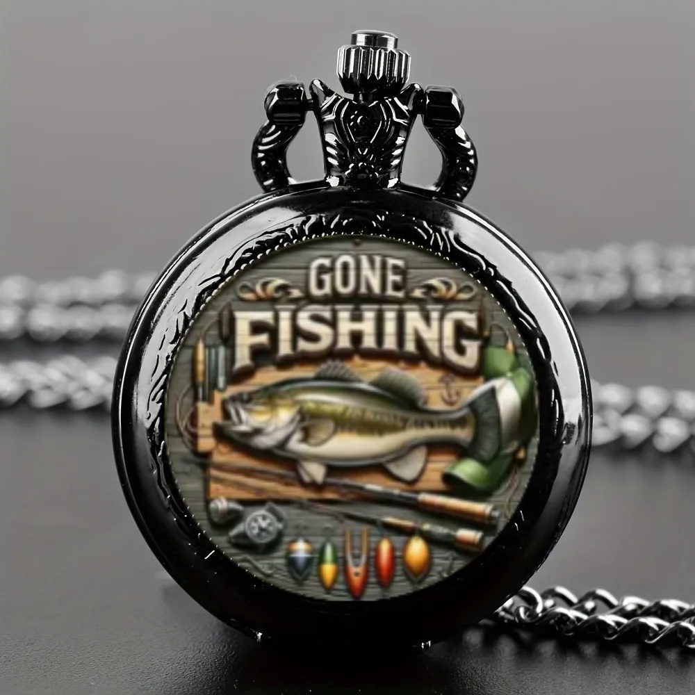 Фото Уникальные винтажные кварцевые карманные часы с узором Gone Fishing и подвесной цепочкой — функция мирового времени, отличный подарок для мужчин и подростков №1