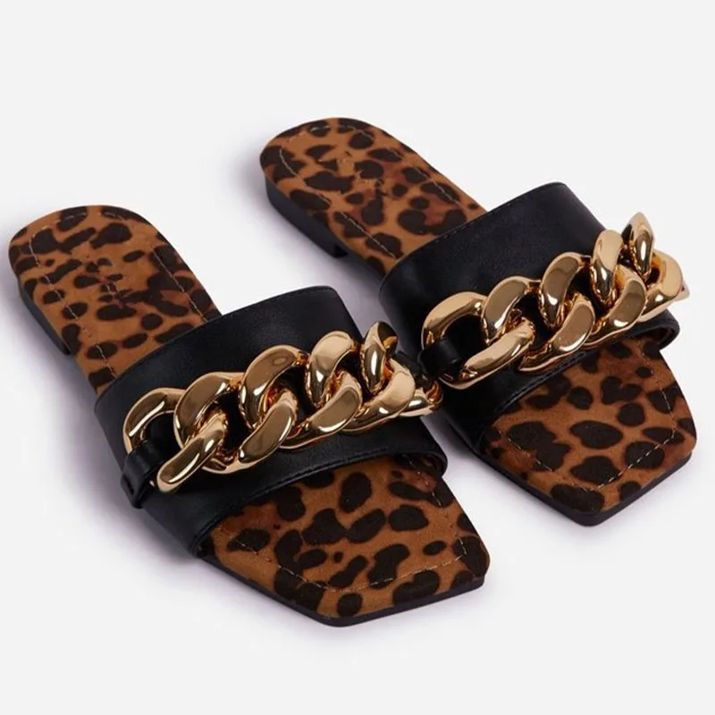 

Flats Chain Leopard Women Slippers Summer Casual Sandals Gladiator 2022 New Designer Walking Slides Women Shoes Mujer Flip Flops