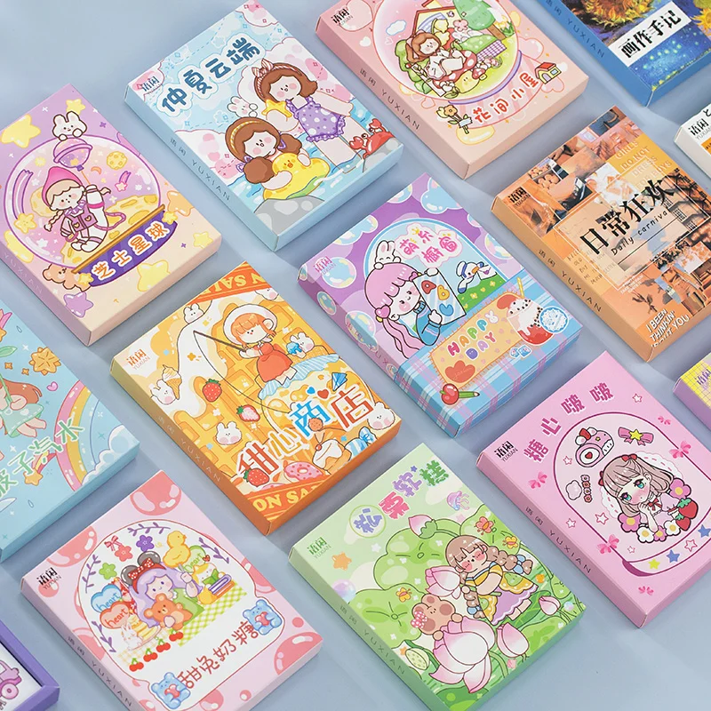 

50pcs Washi Paper Boxed Stickers Set School Supplies Decor Junk Journal DIY Srapbooking Kawaii Sticker Stationery Kid Gift