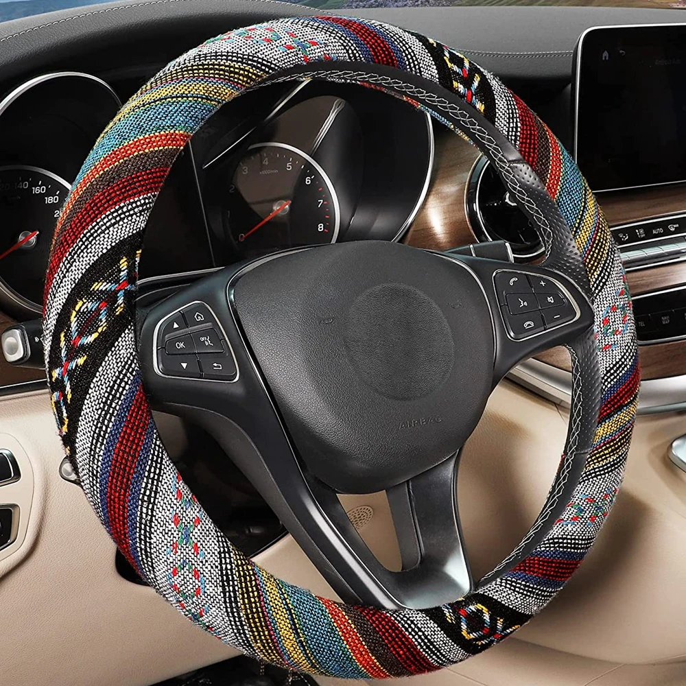 

15 inch New Baja Blanket Car Steering Wheel Cover Universal Fit Most Cars Automotive Ethnic Style Coarse Flax Cloth