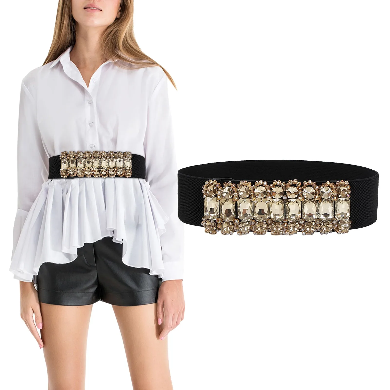 

Женский эластичный широкий пояс с бусинами