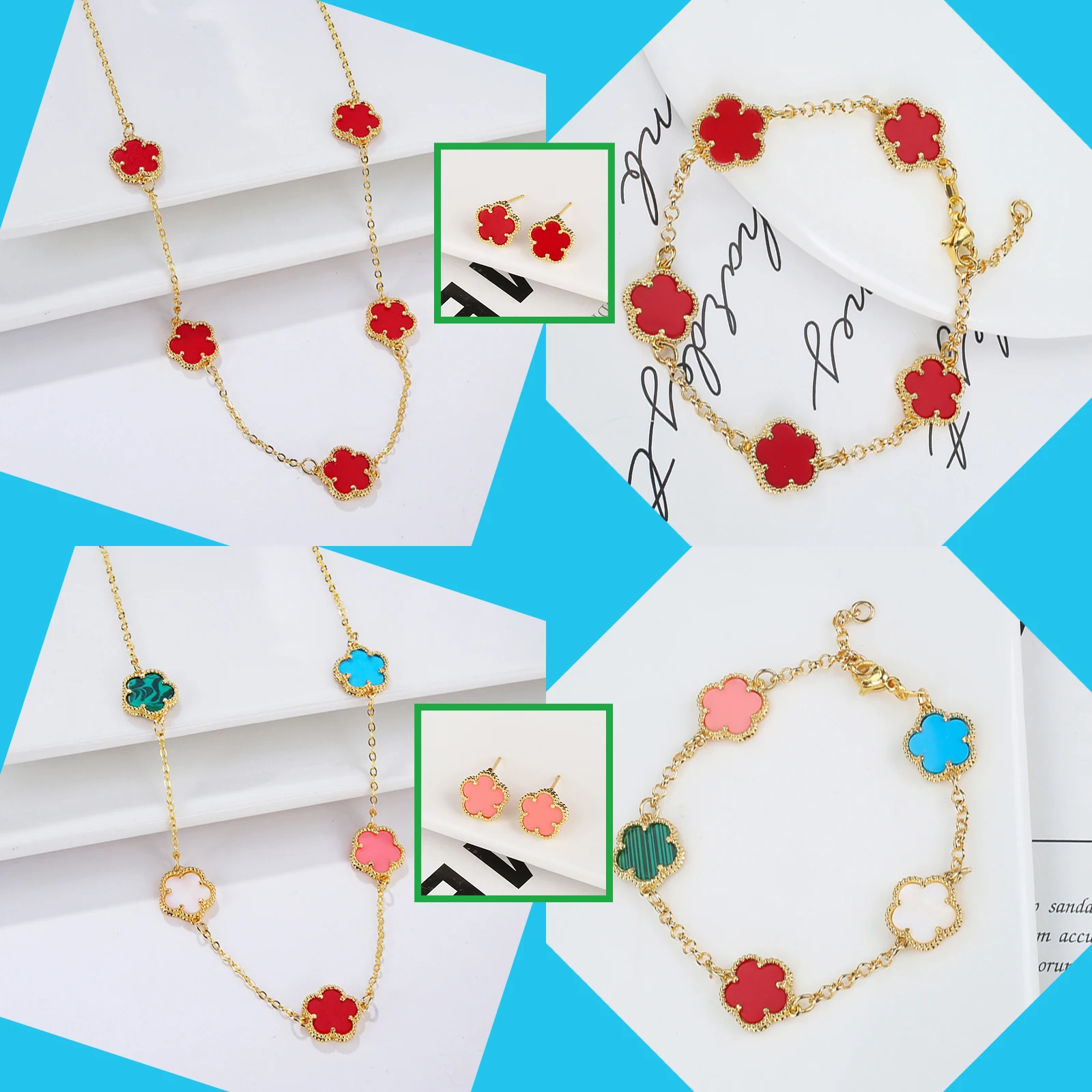 

New Hot Sale 10 Colors Five-Leaf Flower Set Bracelet Necklace Classic Simple Women Jewelry Set Suitable For Daily Party Wear