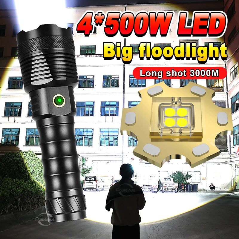 Super Bright 4*500W Flashlight Telescopic Zoom 3000m Rechargeable Lamp Self Defense High Power Led Flashlights With Usb Charging