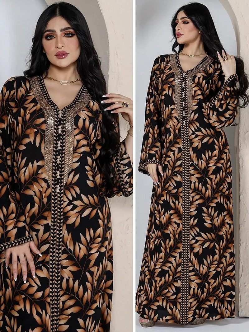 Beaded Abaya Printed Long Dress Women Arabic Party Kaftan Braided Trimming Saudi Gulf Dubai Jalabiya Muslim African Dresses 2022