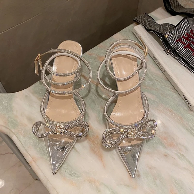 

2022 Women's Shoes Fashion Butterfly-Knot Narrow Band Bling Patchwork Cross-Tied Crystal Pointed Toe Pumps Shoes Women Heels