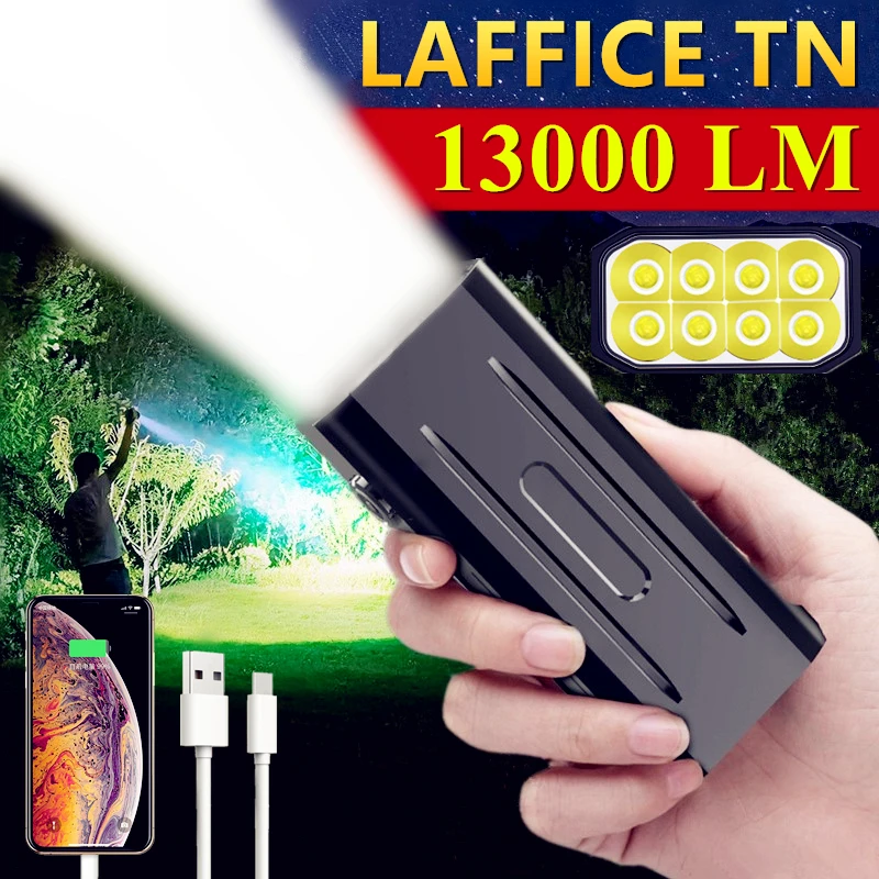 TYPE-C Rechargeable LED Flashlight 13000LM Waterproof 100W High Power Built-in 10000mA 21700 Battery Ultra Bright Tactical Torch