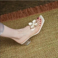 new summer women sandals flower decoration middle heel square toe chunky heel females slippers fashion high quality ladies shoes