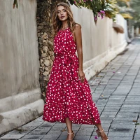 red elegant halter sleeveless maxi dresses for women dots print ruffle bohemia dress casual pleated lace up summer beach dress